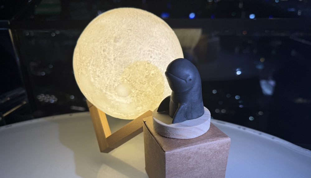 Orca Ella — carnauba and beeswax Irrawaddy dolphin sculpture on a pine plinth